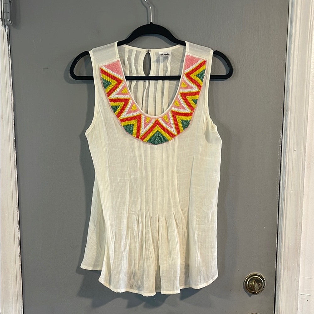 Wrangler Beaded Western Crepe Sleeveless Boho Top sz S Oversized Aztec‎